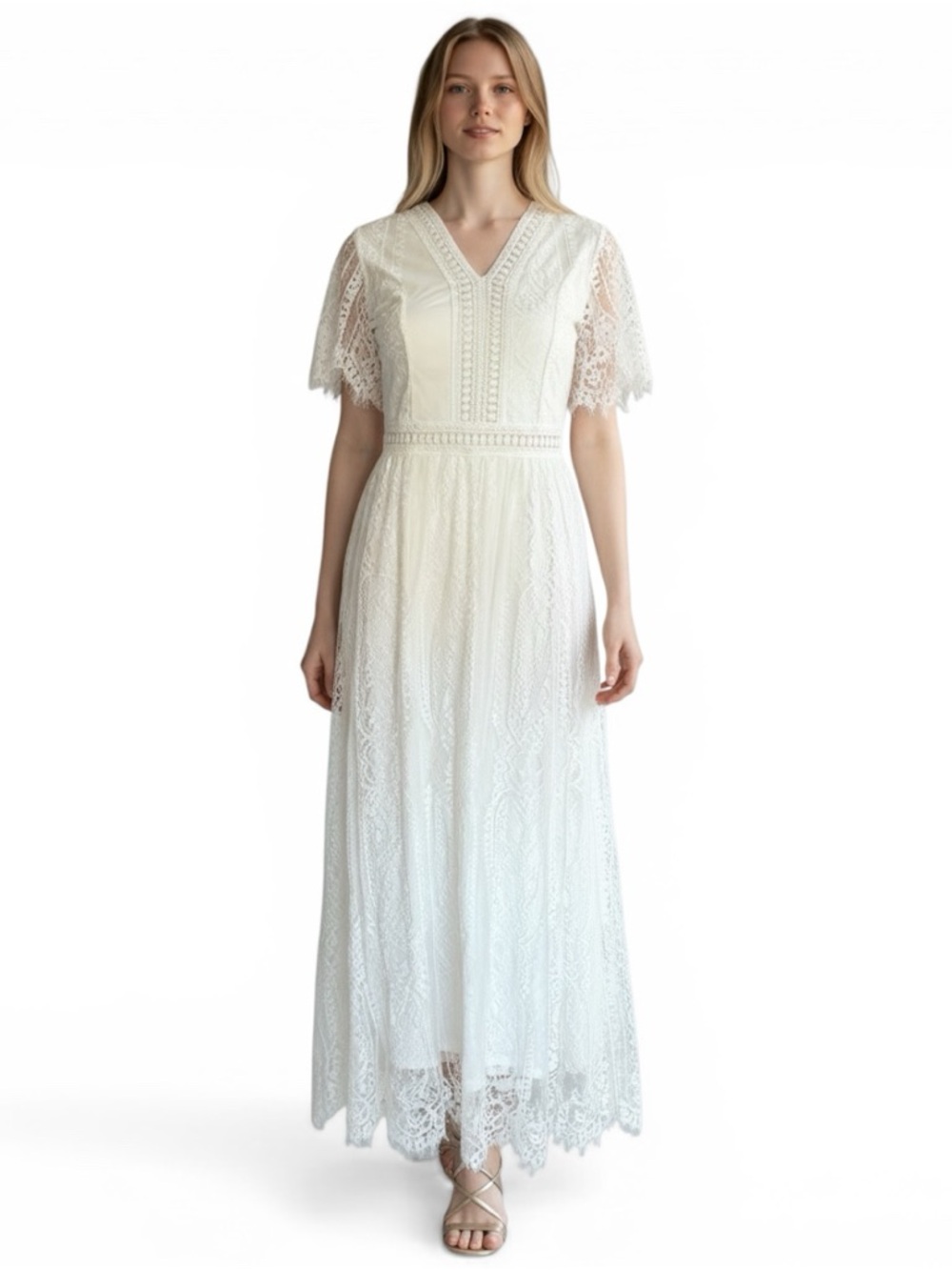 Vintage Style White Lace Maxi dress
Boho Prairie Bridal Cottagecore Small